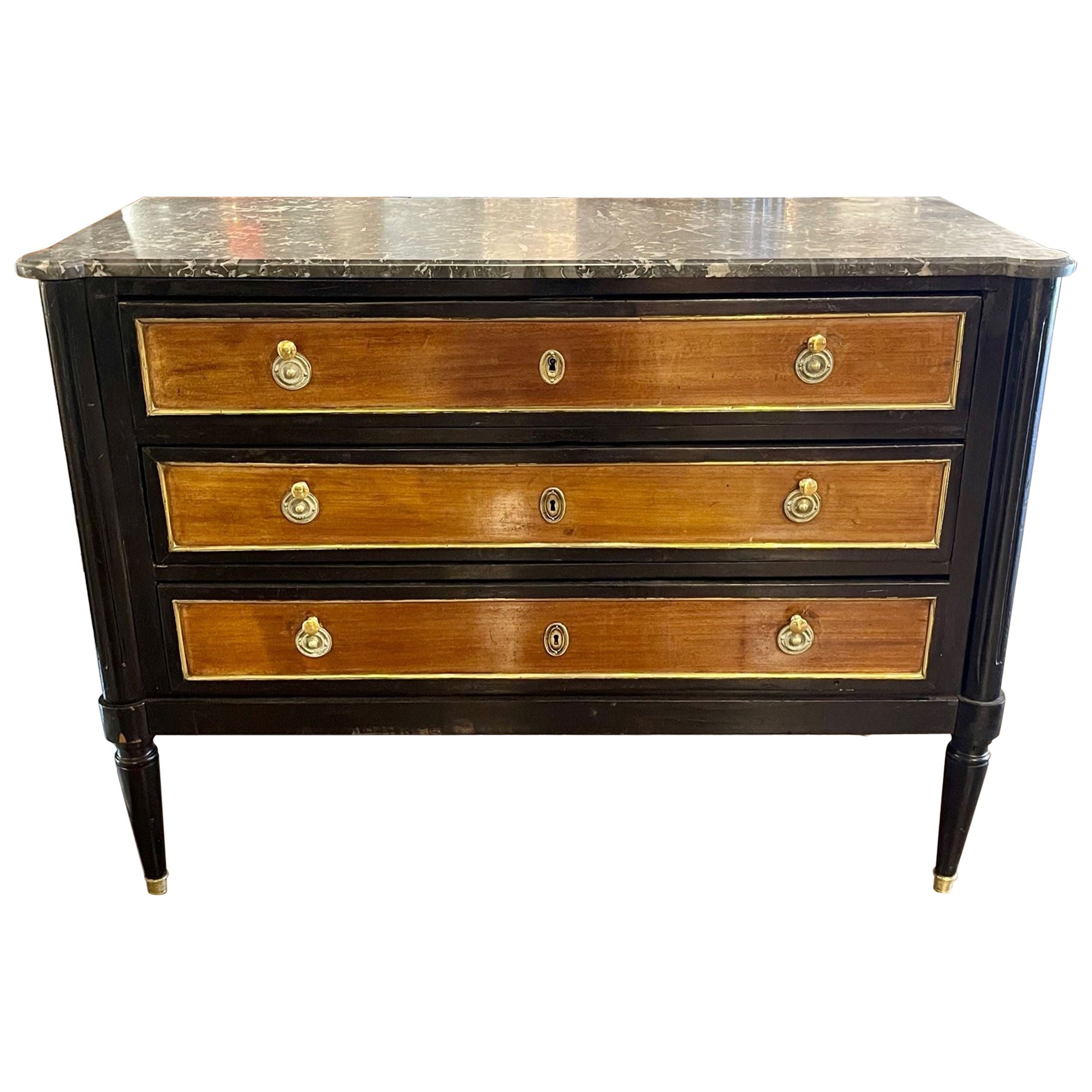 Vintage French Jansen Walnut and Black Lacquered Louis XVI Style Commode For Sale