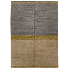 Moderner, minimalistischer, handgefertigter tibetischer Teppich aus Wolle und Seide in Erdtönen