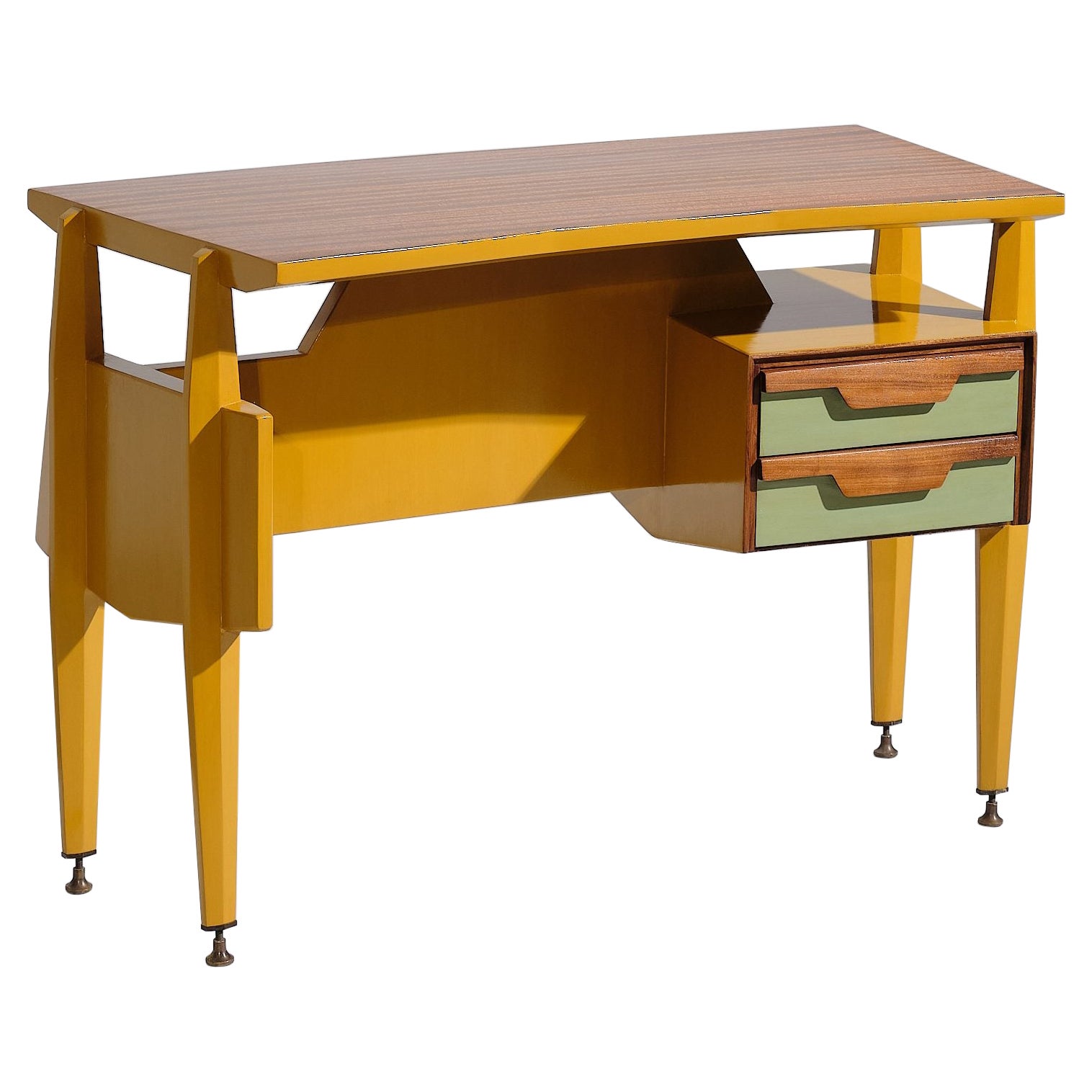Italian Desk Table in Yellow Lacquered Wood and Brass Details
