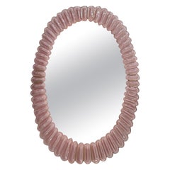 Midcentury Murano Oval Pink Art Glass and Brass Italian Wall Mirror, 2000