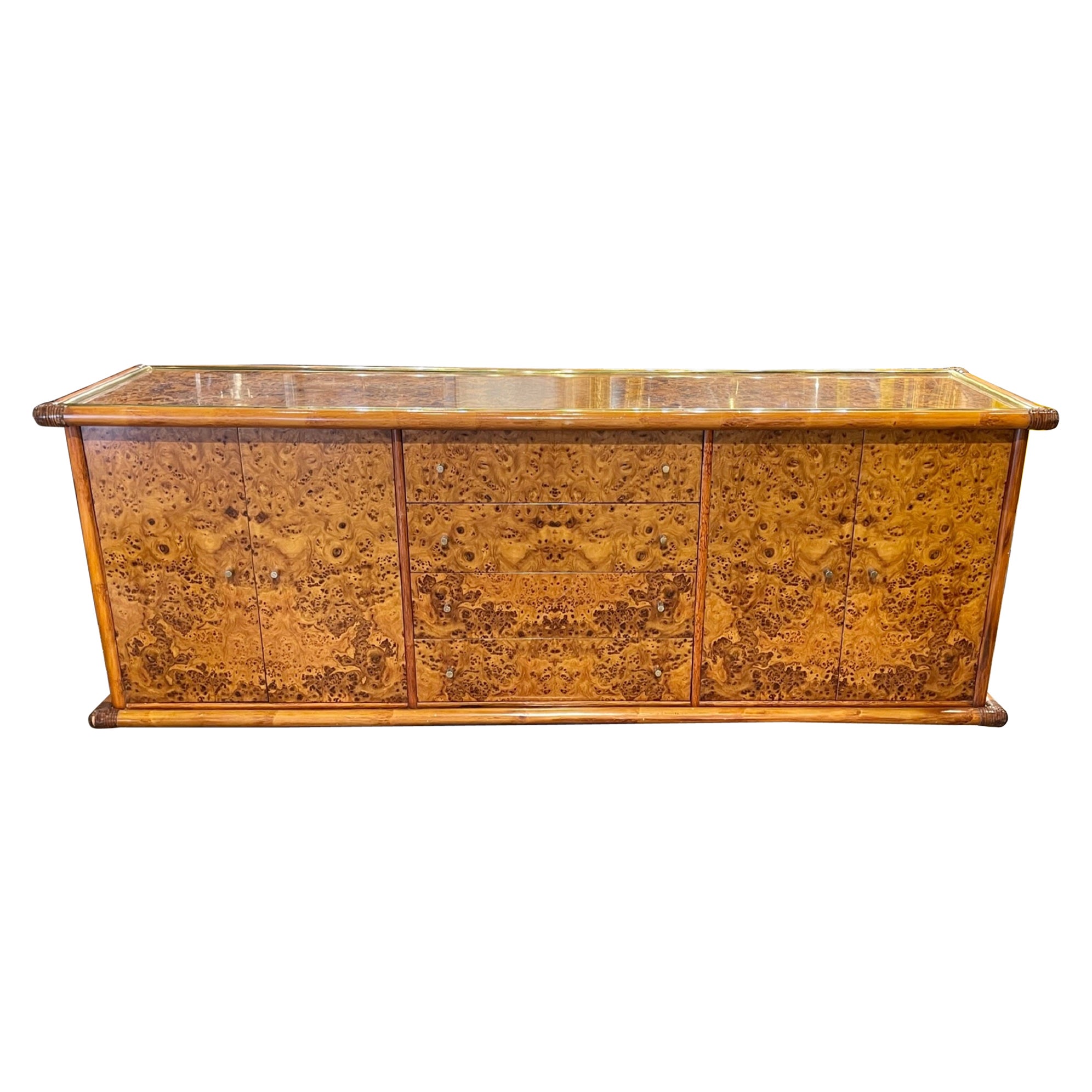 Vintage Italian Polished Burl Walnut and Brass 2 Sided Credenza For Sale
