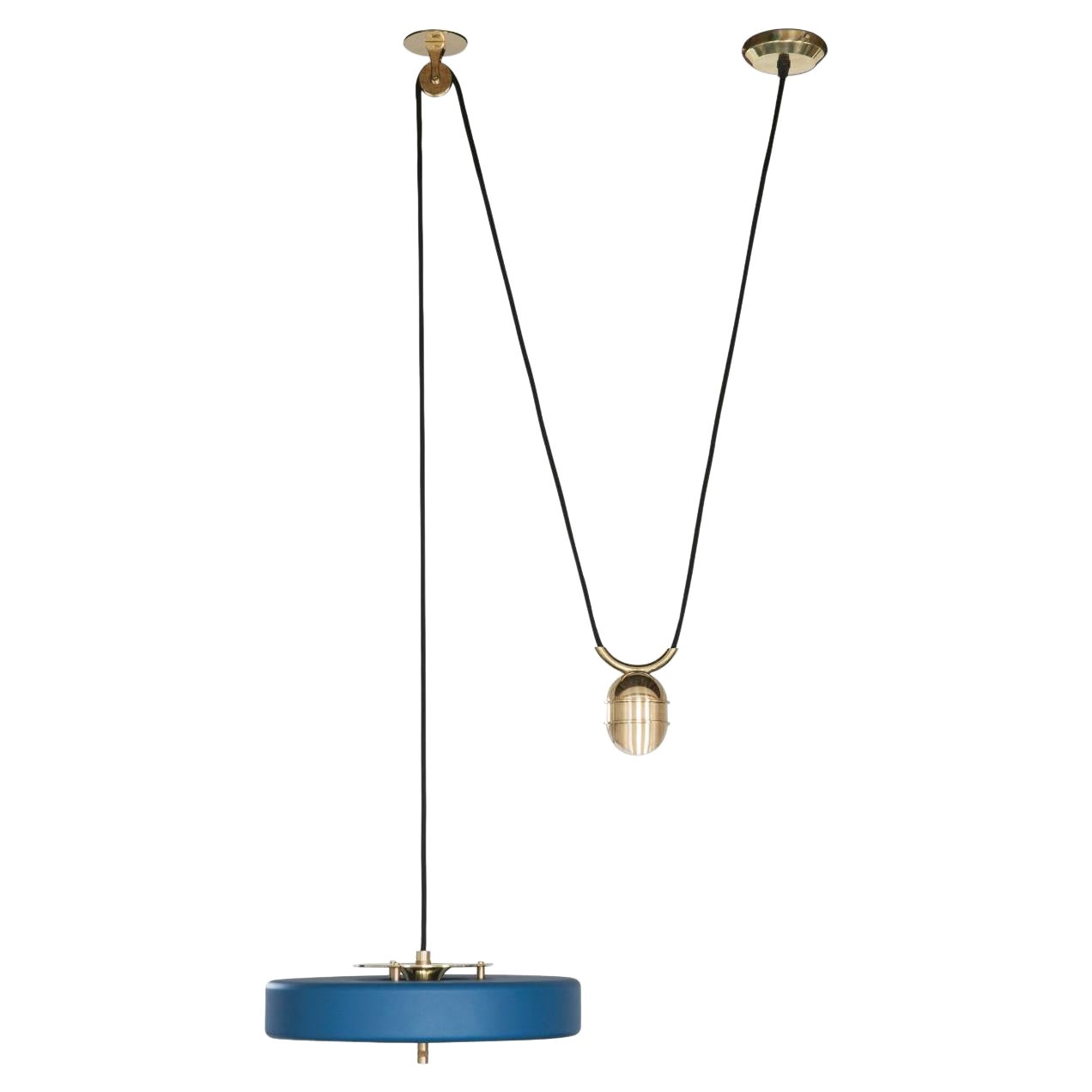 Revolve Rise and Fall Pendant Light, Polished Brass, Blue by Bert Frank For Sale