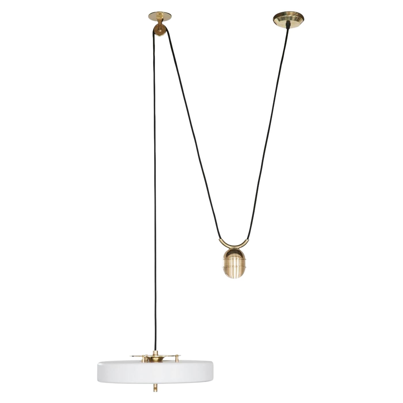 Revolve Rise and Fall Pendant Light, Polished Brass, White by Bert Frank For Sale