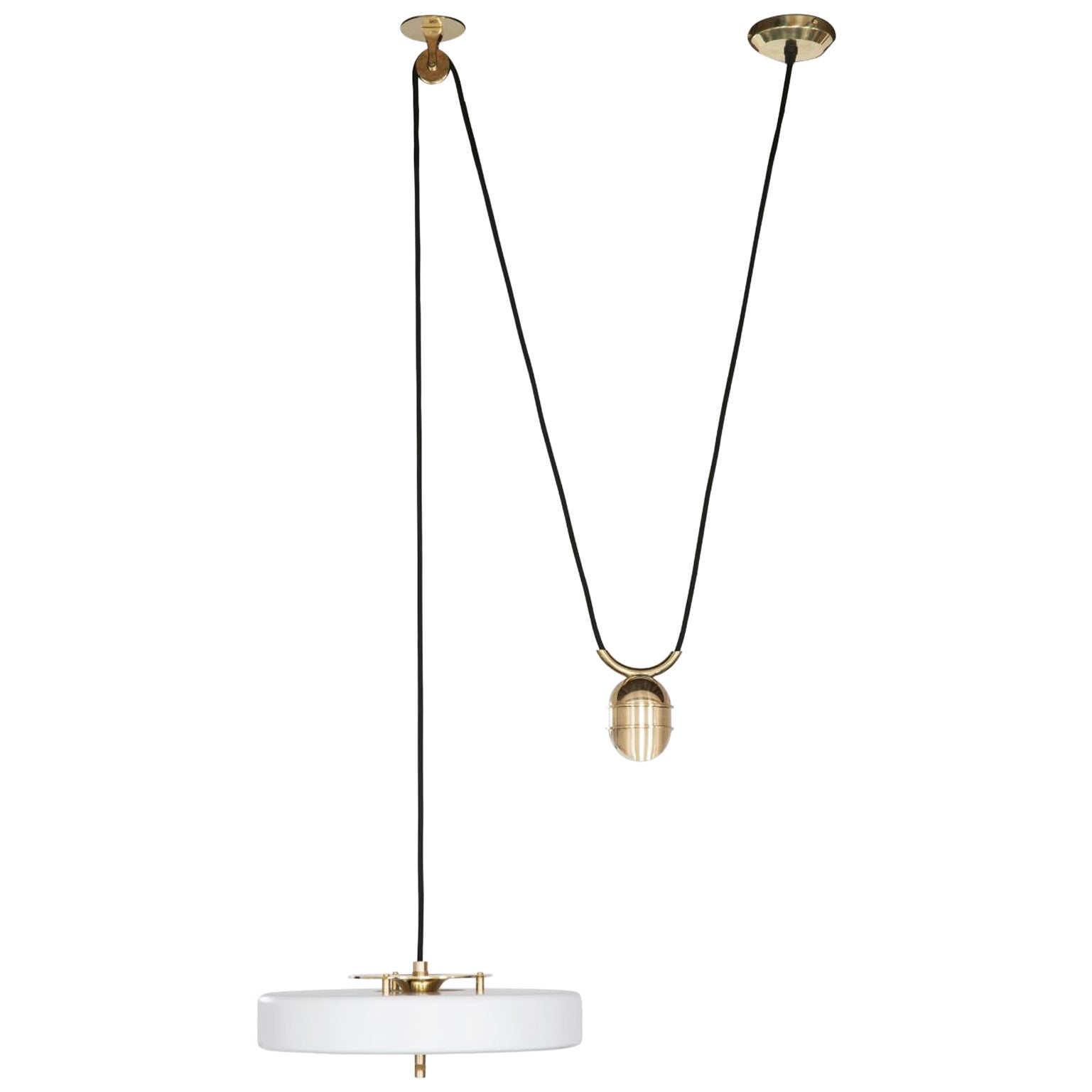 Revolve Rise and Fall Pendant Light, Brushed Brass, White by Bert Frank For Sale