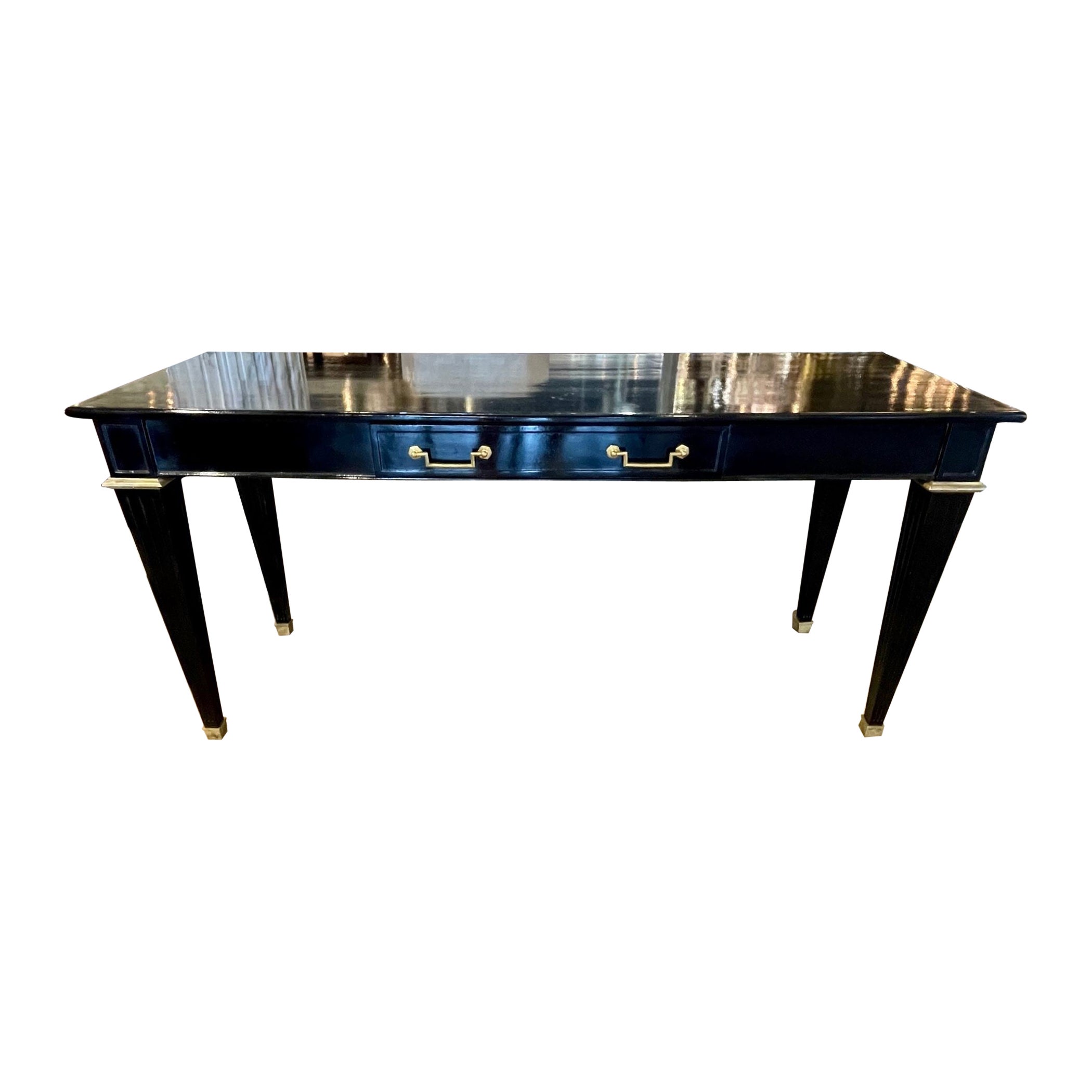 Vintage French Jansen Style Black Lacquered and Brass Console For Sale