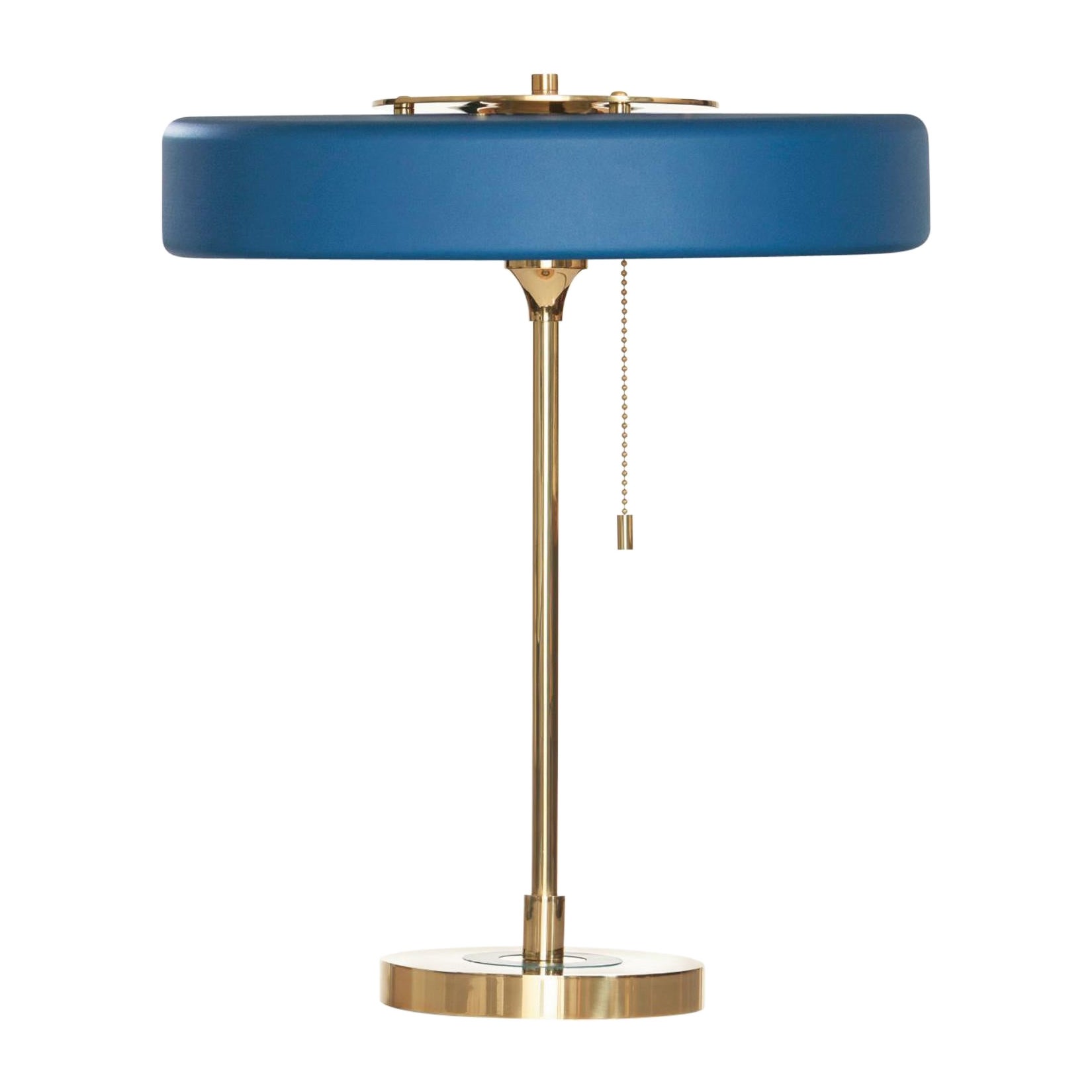 Revolve Table Lamp, Polished Brass, Blue by Bert Frank For Sale
