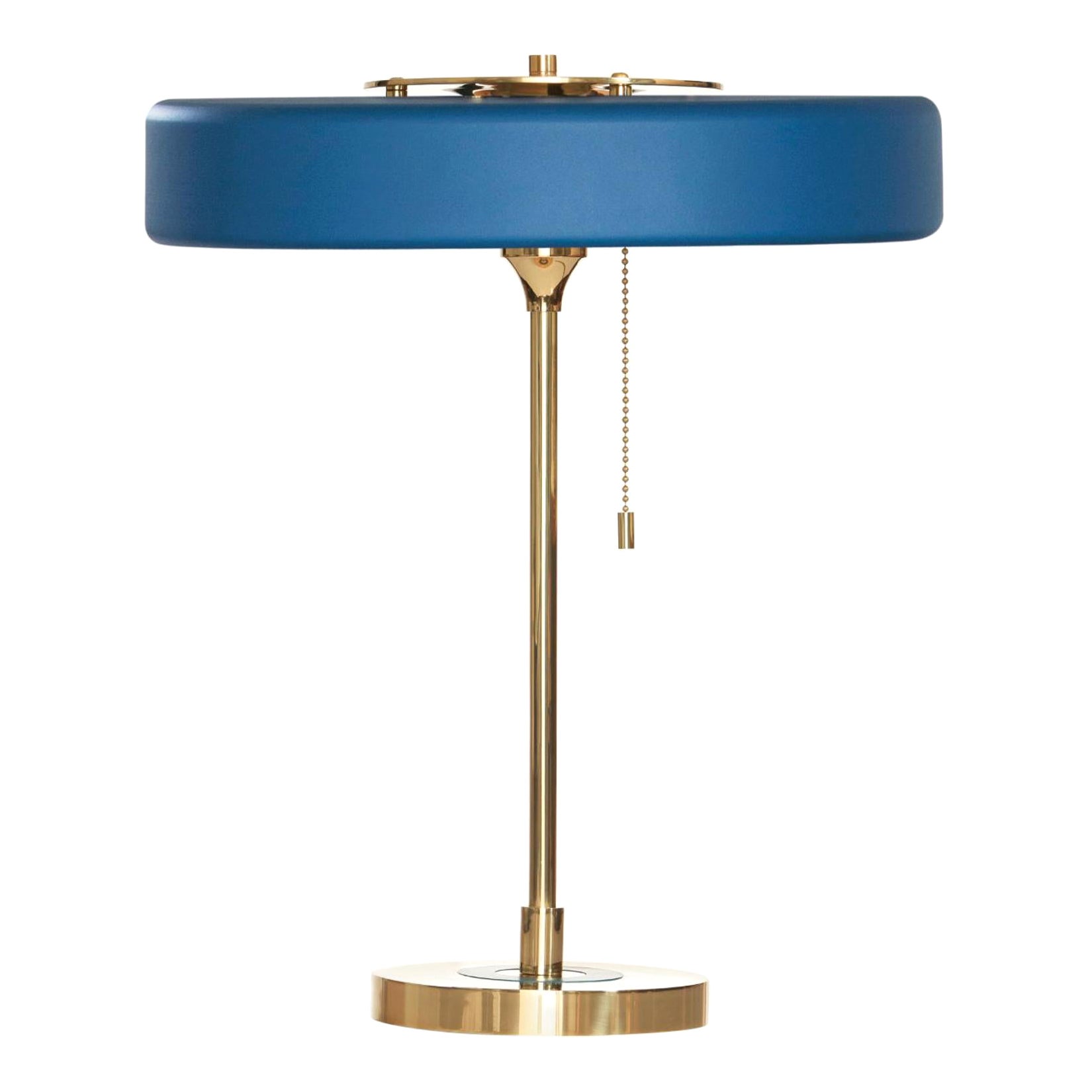 Revolve Table Lamp, Brushed Brass, Blue by Bert Frank For Sale