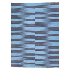 Moderner türkischer Flachgewebe-Teppich aus Kelim-Wolle mit abstraktem Motiv in Blau