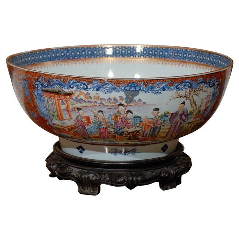 Large Chinese Export Punch Bowl, Painted & Gilt Decoration in Mandarin Palette For Sale