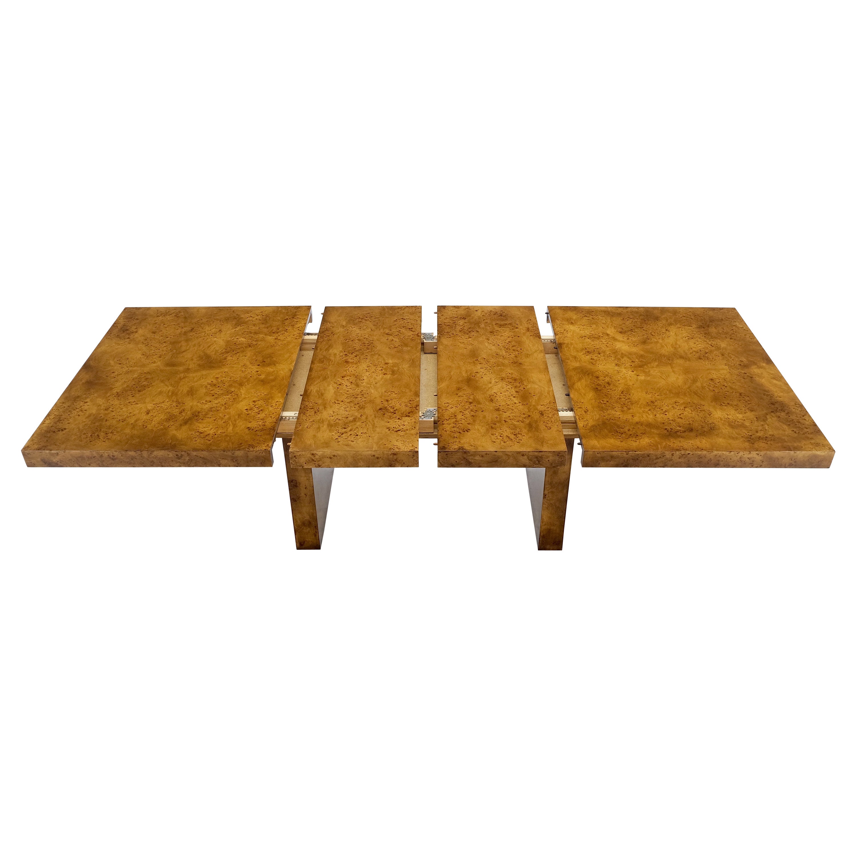 Mid-Century Modern Double Pedestal Honey Tone Burl Wood High Gloss Dining Table