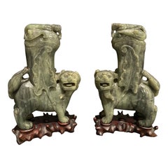 Pareja De Leones Guardianes Chinos De Piedra Dura