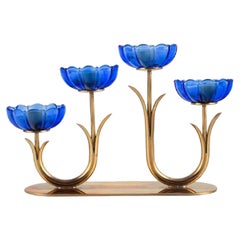 Gunnar Ander for Ystad Metall, Candlestick in Brass and Blue Art Glass, 1950s