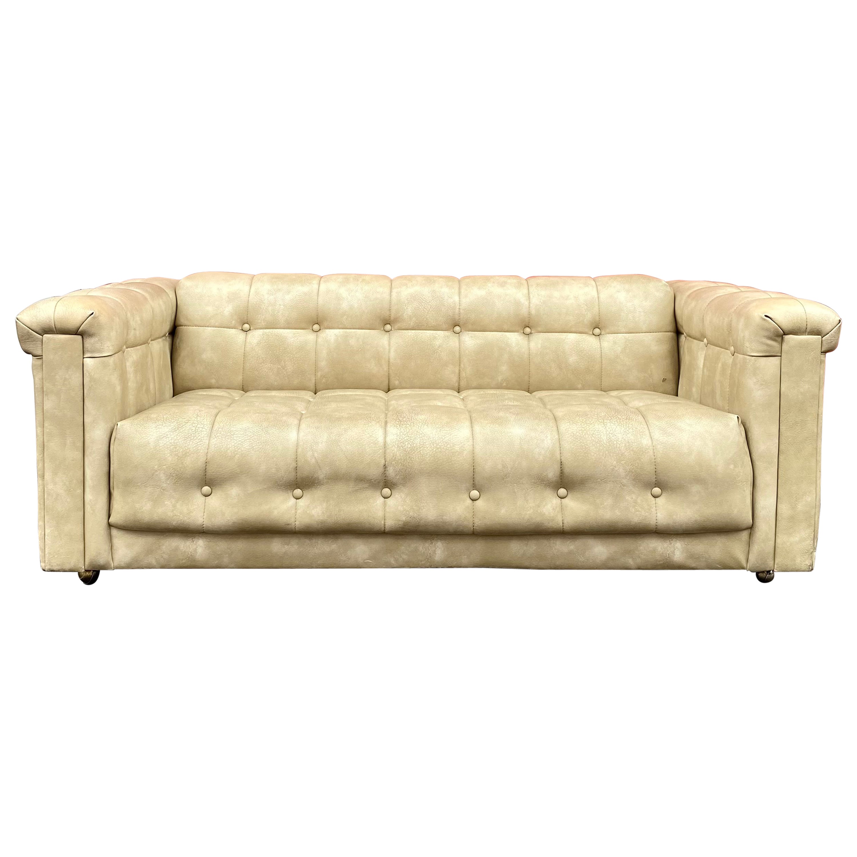 1960s Milo Baughman Style Button-Tufted Biscuit Distressed Sofa For Sale