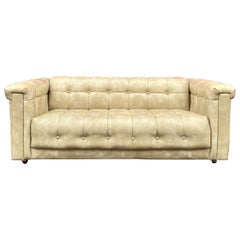 Retro 1960s Milo Baughman Style Button-Tufted Biscuit Distressed Sofa