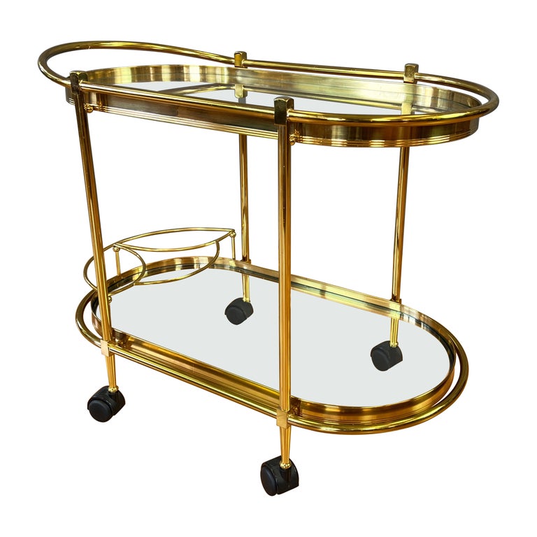 Italian TwoTier Brass and Glass Oval Bar Cart or Serving Cart, 1970s For Sale at 1stDibs