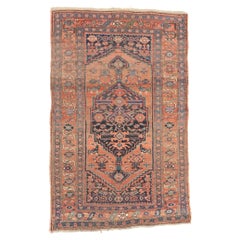 Antique Nomadic Artistic Kurdish Rug in Terracotta, Greens, Blackish-Indigo