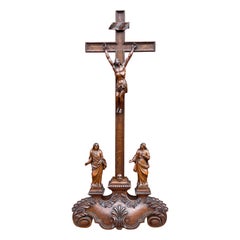 Antique Church Crucifix with Jesus, Mary & John Sculptures of Boxwood from 1700s