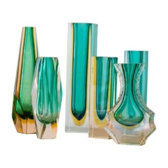 Group of Six Green Murano Glass Vases, 1960s