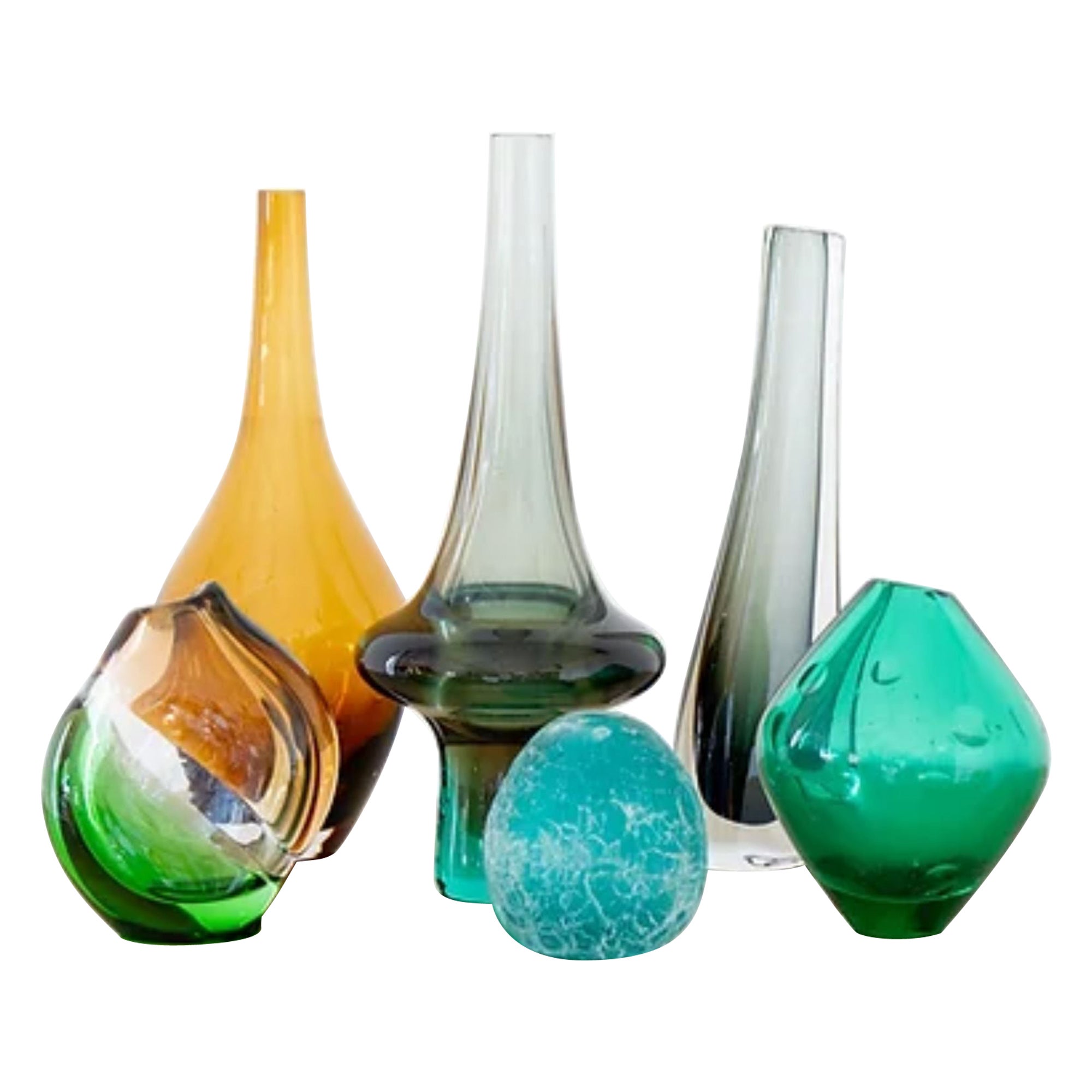 Blue Groove Series, Set of Six Handmade Modern Glass Design Vases For
