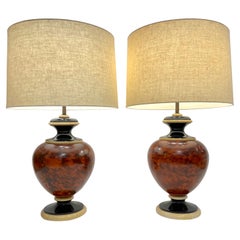 1960s Italian Vintage Pair of Veneered Walnut Black Cream Lacquer Table Lamps