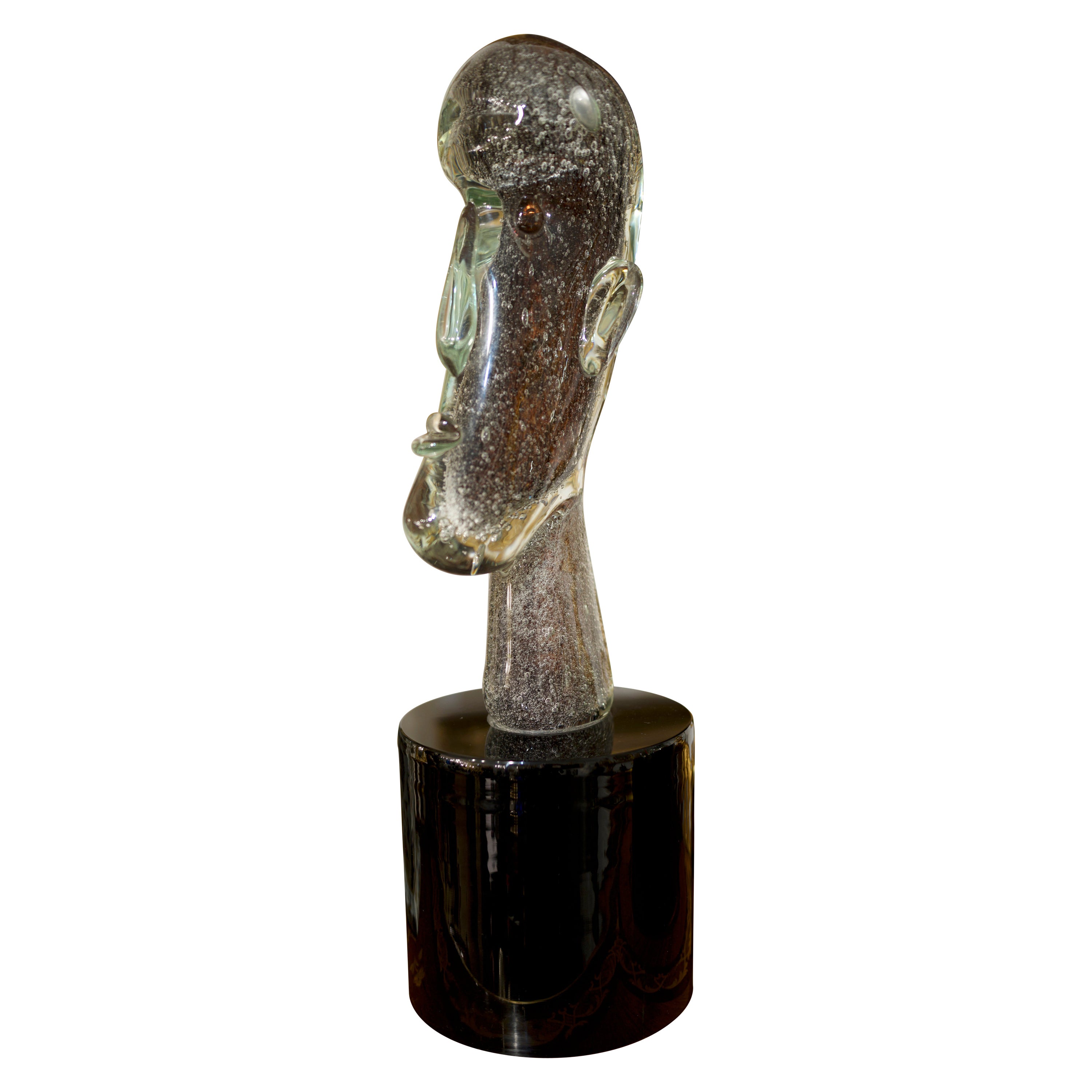 Face sculpturale en verre de Murano du XXe siècle sur socle en bronze