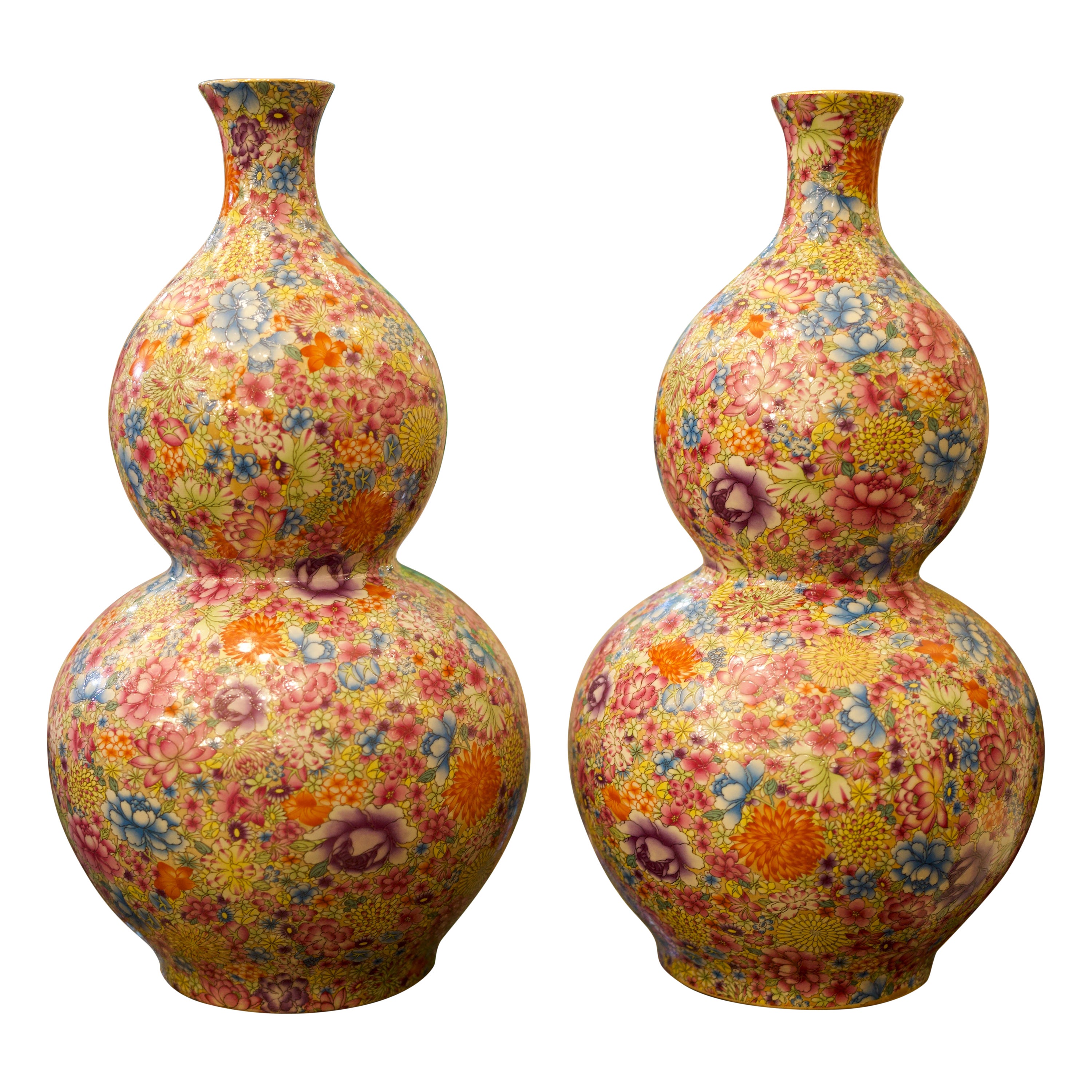 Orientalische Doppelkürbisvasen mit Mille-Fleur-Muster, 20. Jahrhundert, Paar im Angebot
