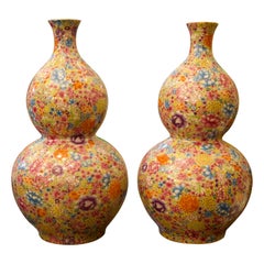 Vintage Pair of Oriental Double-Gourd Mille-Fleur Vases, 20th Century