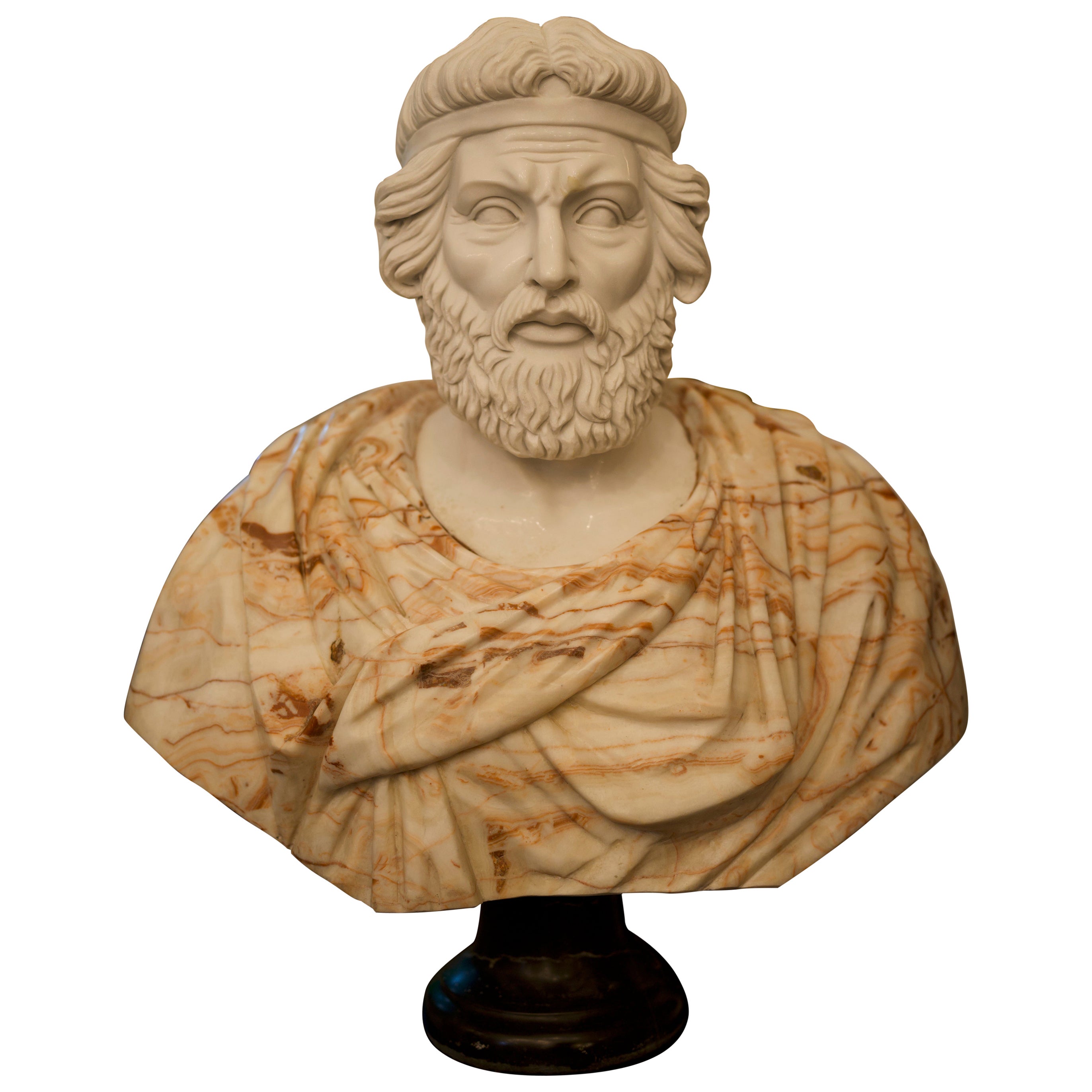 20th Century Bust of Roman Hand Carved in Carrara White and Alicante Red Marble For Sale