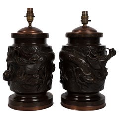 Pair Antique 19th Century Meiji Period Japanese Bronze Vase Table Lamps