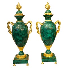 Vintage Pair of Large Ormolu Mounted Malachite Empire Style Vases