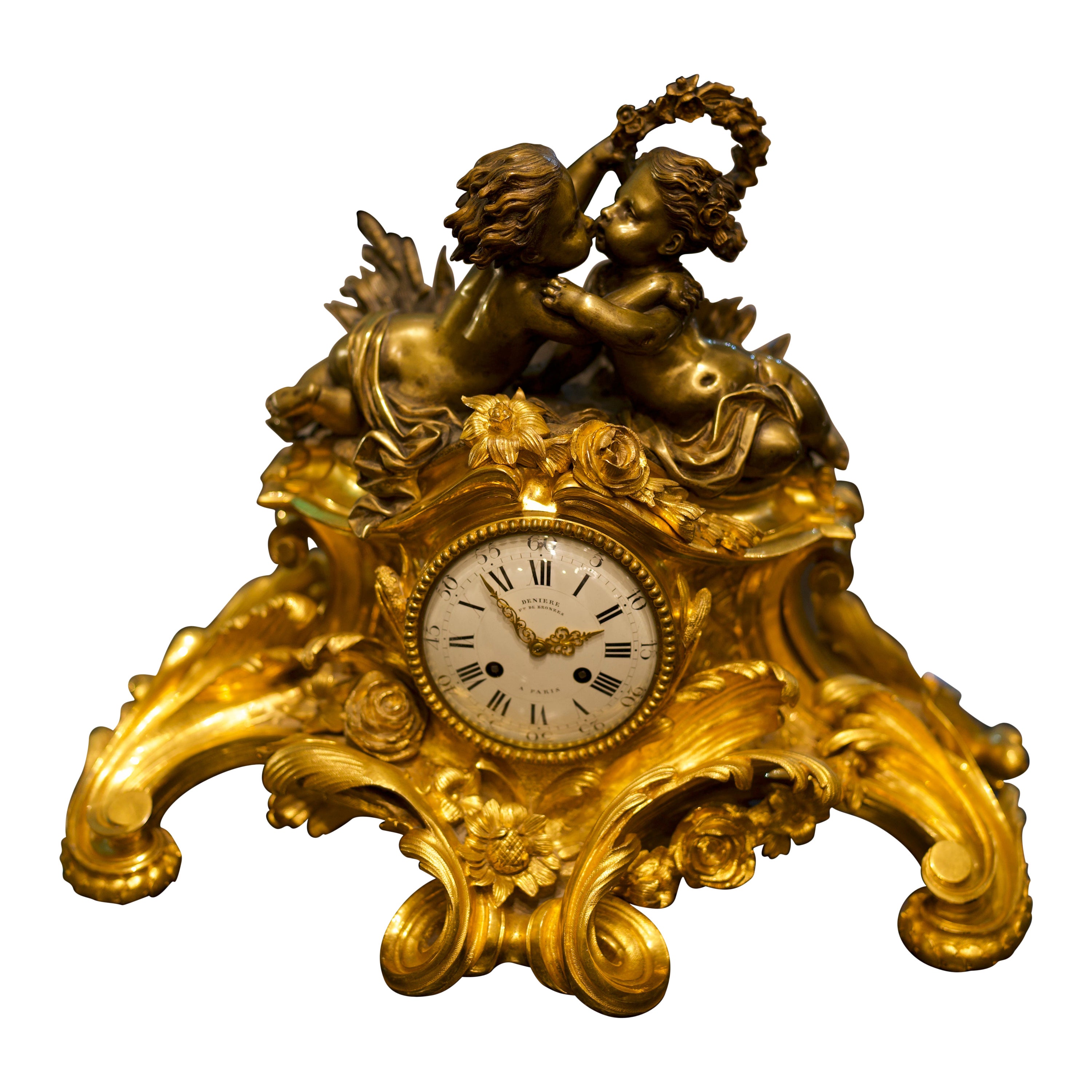 Pendule de cheminée française du 19e siècle en bronze doré et figuratif de style Louis XV