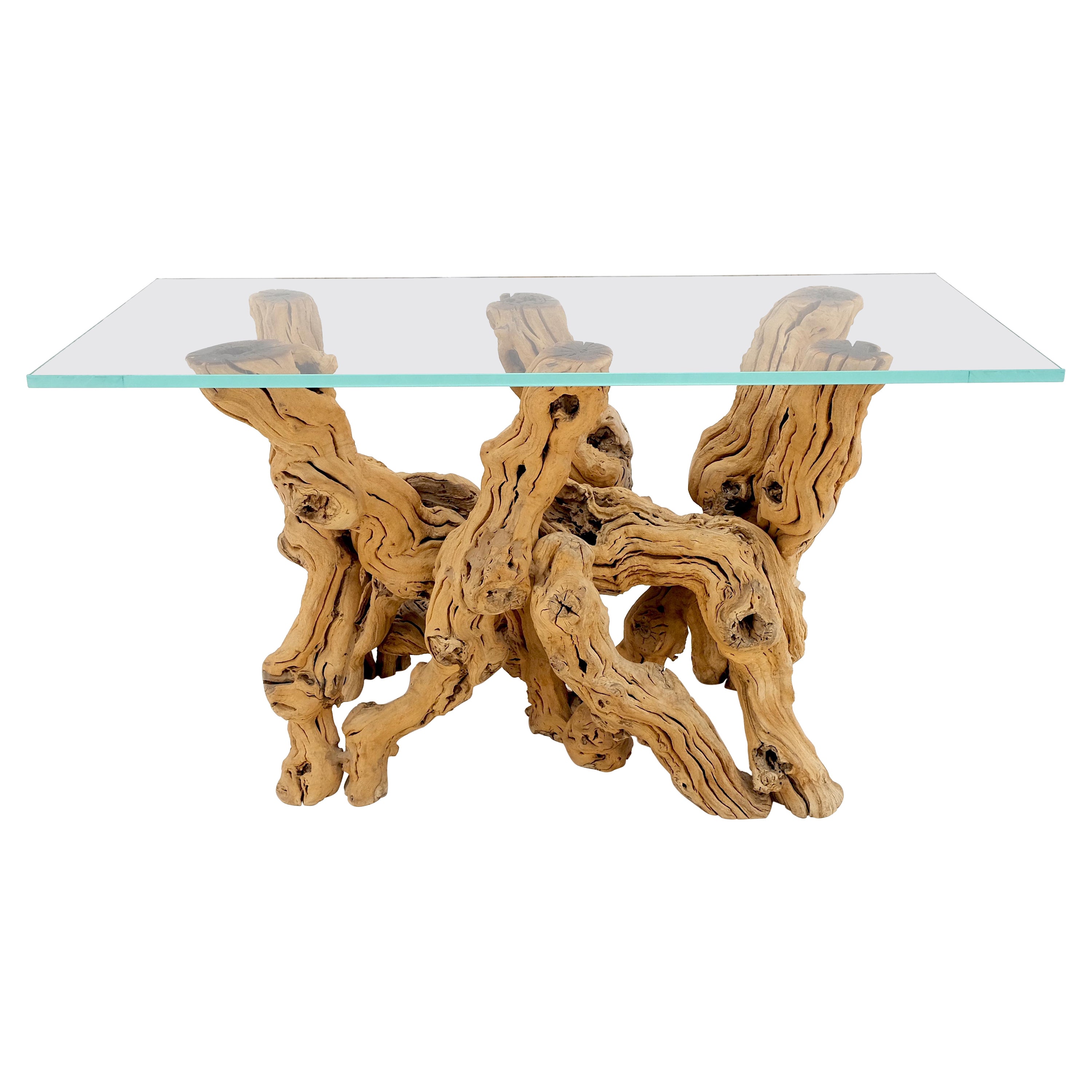 Large Varnished Driftwood Organic Base Rectangle  Glass Top Console Table MINT! For Sale