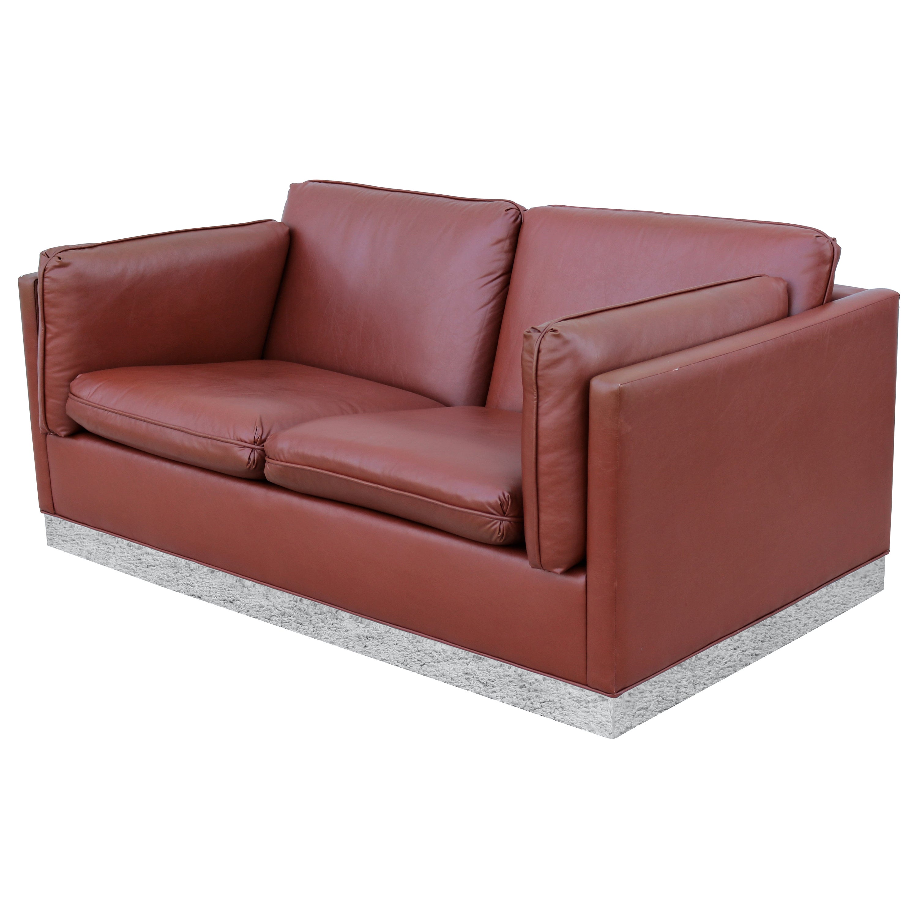 Vintage Mid-Century Modern Milo Baughman Style Brown Pu Leather Two-Seat Settee For Sale