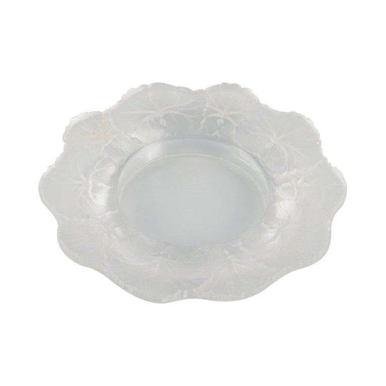 Lalique Bottle Tray in Clear Art Glass with Flower Decoration, Approx. 1980