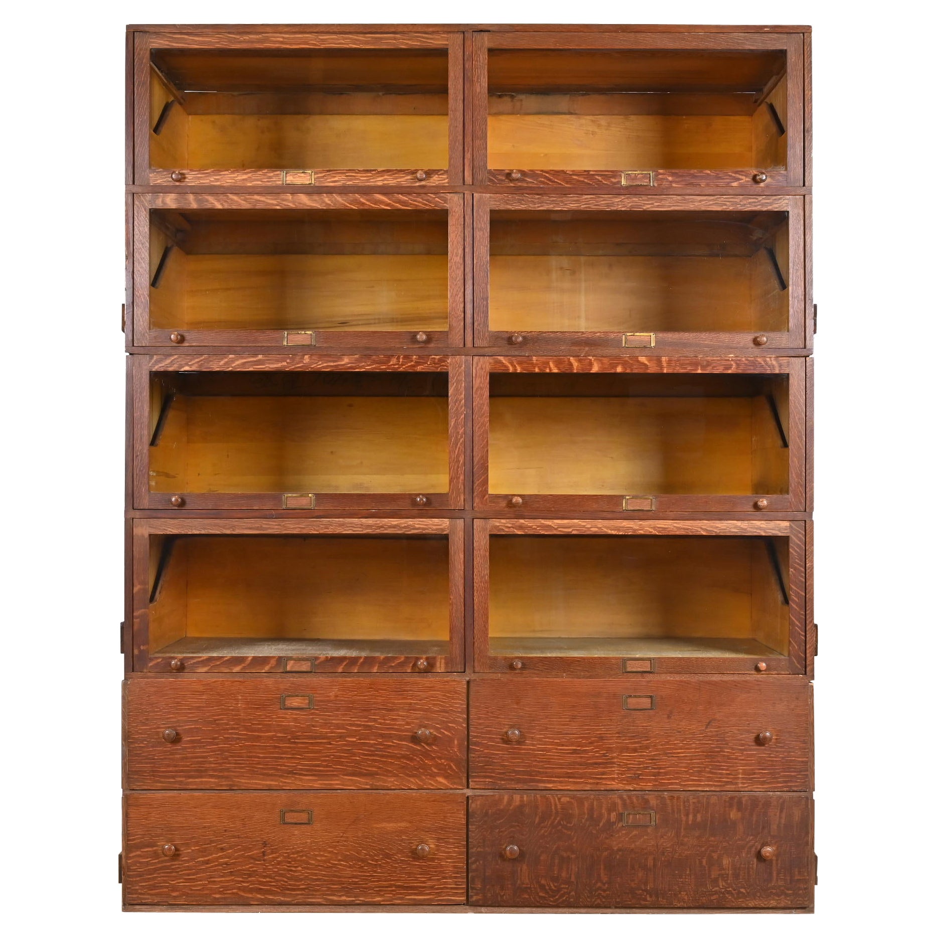 Antique Arts & Crafts Tiger Oak Double Barrister Bookcase, Circa 1890s For Sale