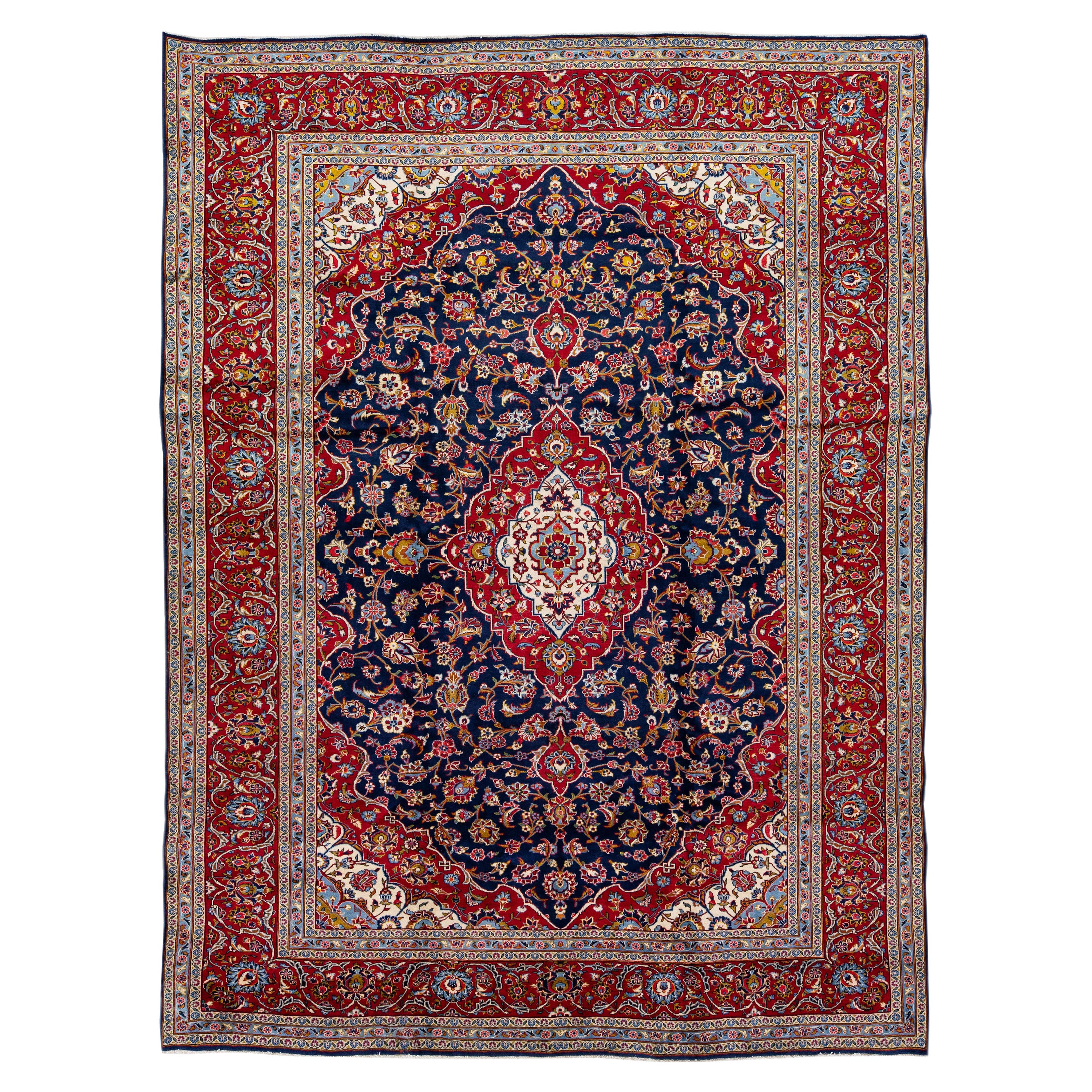 Antique Persian Kashan Handmade Allover Floral Blue Wool Rug For Sale