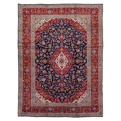Antique Persian Kashan Handmade Allover Floral Blue Wool Rug