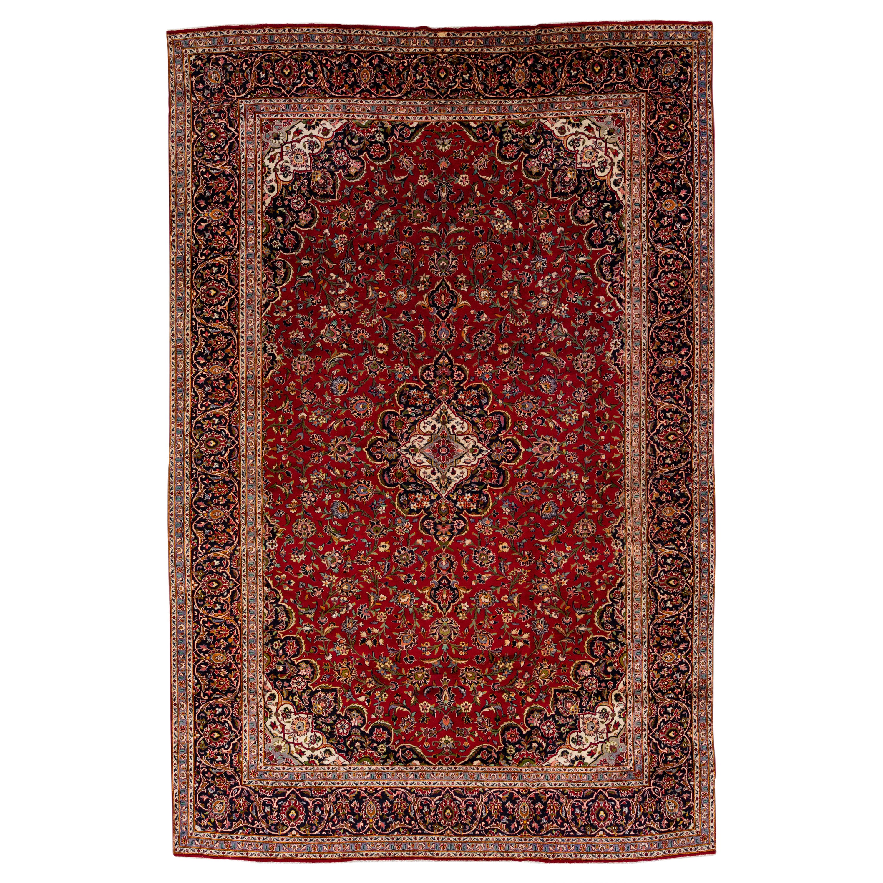 Oversize Antique Persian Kashan Handmade Medallion Wool Rug in Red For Sale