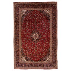 Oversize Vintage Persian Kashan Handmade Medallion Wool Rug in Red