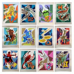 Vintage Midcentury Rare Set of 12 Modern Art Signs of the Zodiac S/N Silkscreens