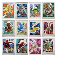 Midcentury Rare Set of 12 Modern Art Signs of the Zodiac S/N Silkscreens (Sérigraphies des signes du zodiaque)