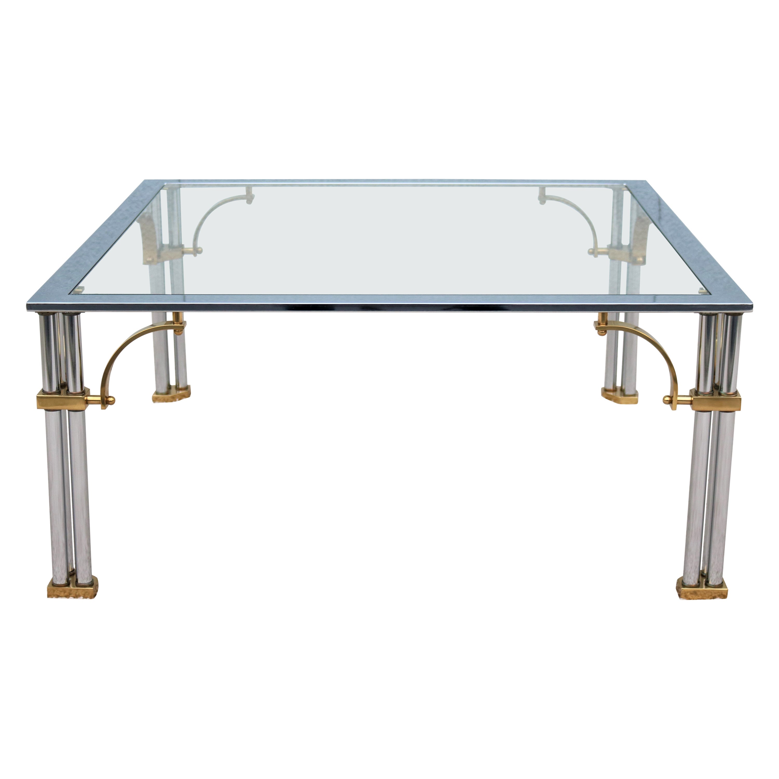 Table basse carrée en laiton, chrome et verre de style Régence Maison Jansen
