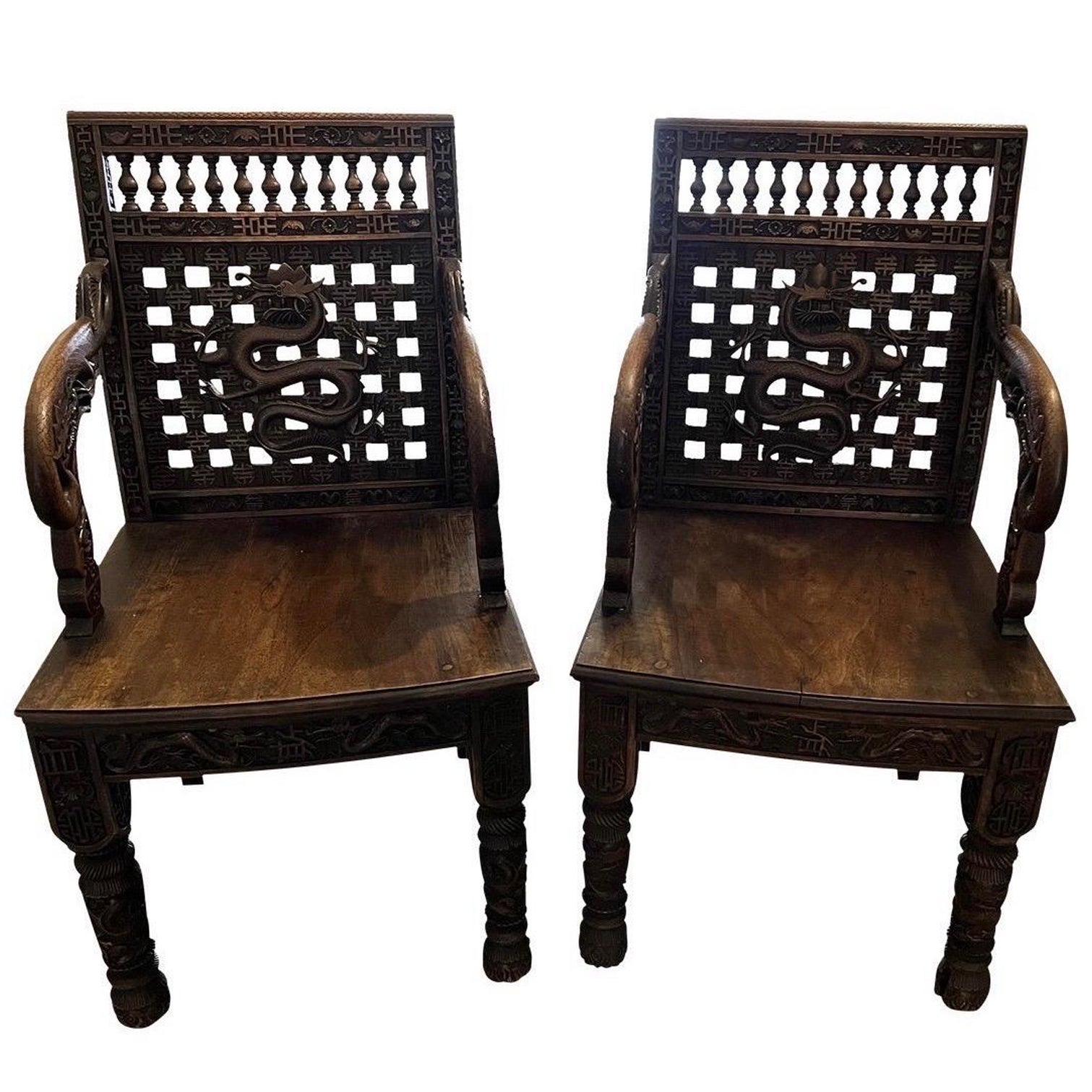 19th Century, Antique Carved Chinese Dragon and Symbolic Armchairs, Pair