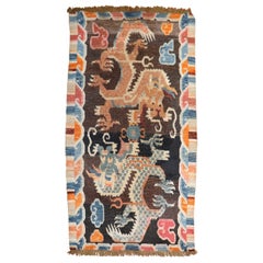 Colorful Dragon Vintage Tibetan Early 20th Century Rug