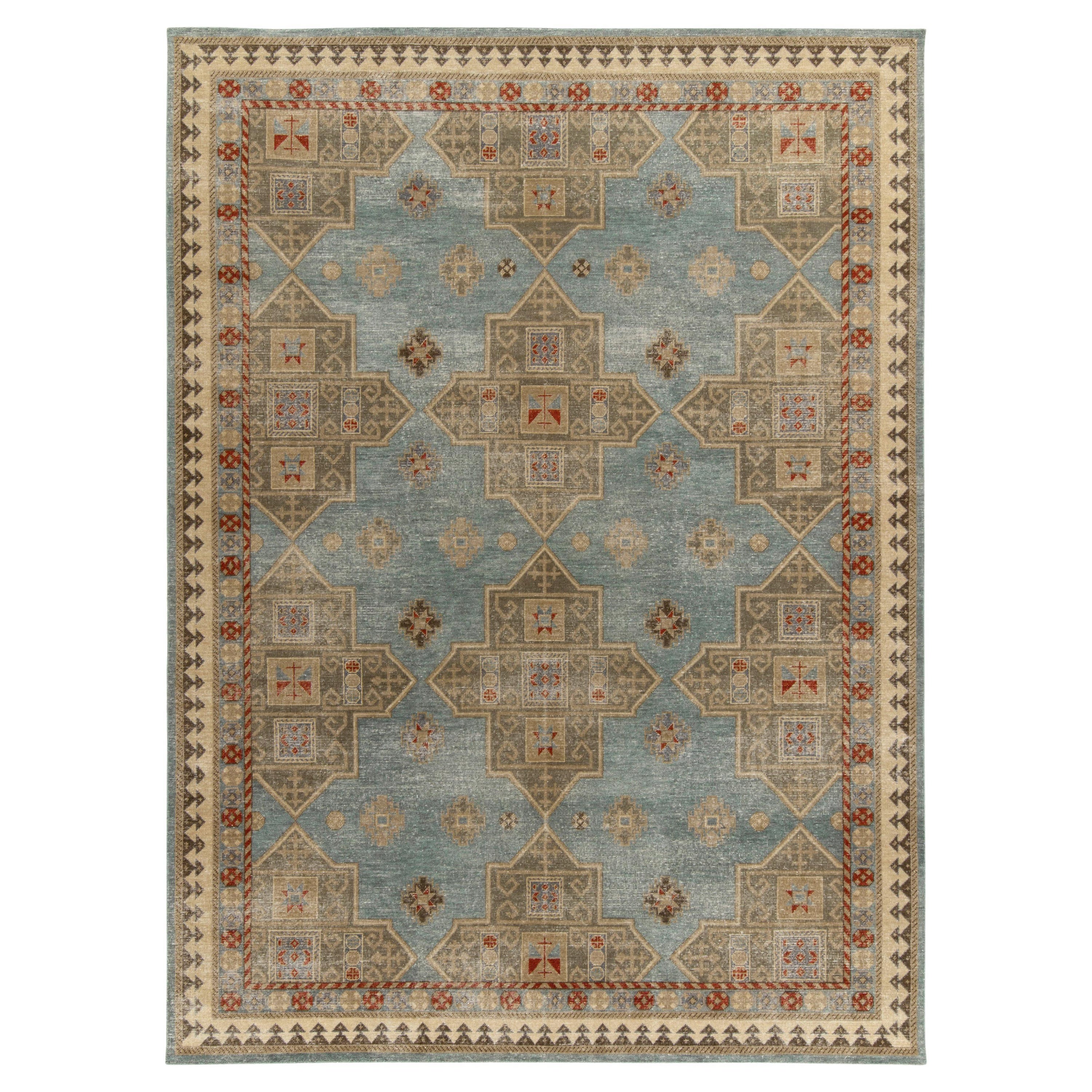 Rug & Kilim's Distressed Style Modern Rug in Blue, Gold & Red Geometric Pattern For Sale