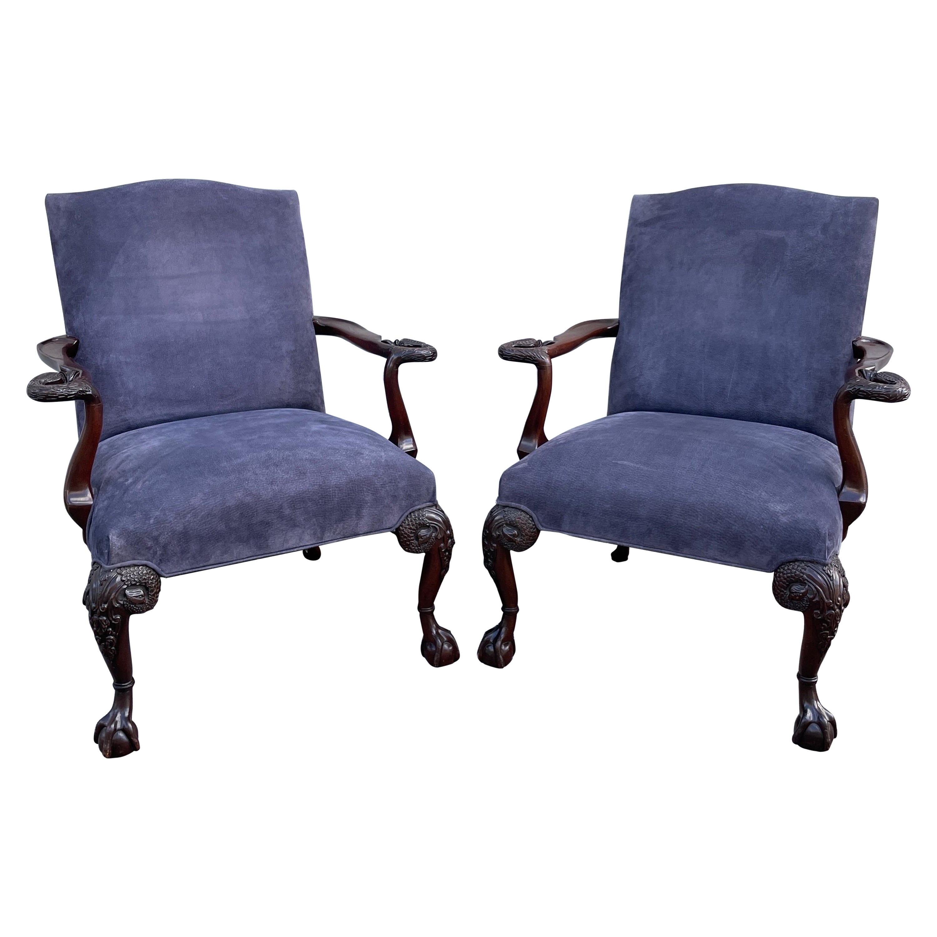 Pair of Large Neoclassical Style Armchairs with Carved Swan Head Arms