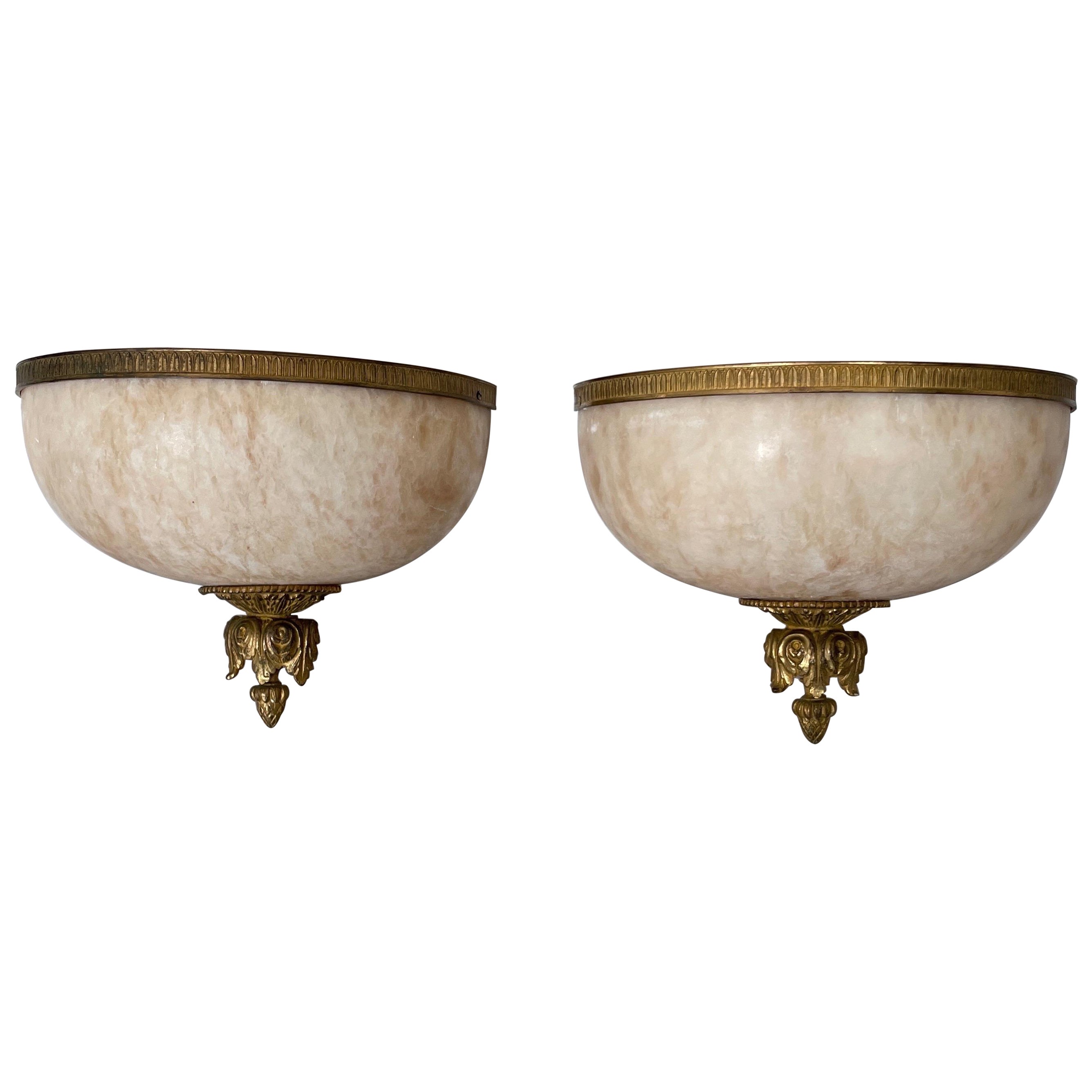 Pair of Neoclassical French Alabaster & Bronze Wall Mounted Sconces For Sale