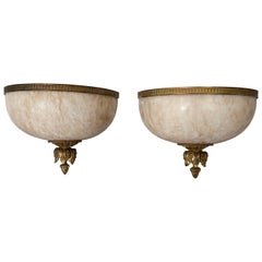 Pair of Neoclassical French Alabaster & Bronze Wall Mounted Sconces