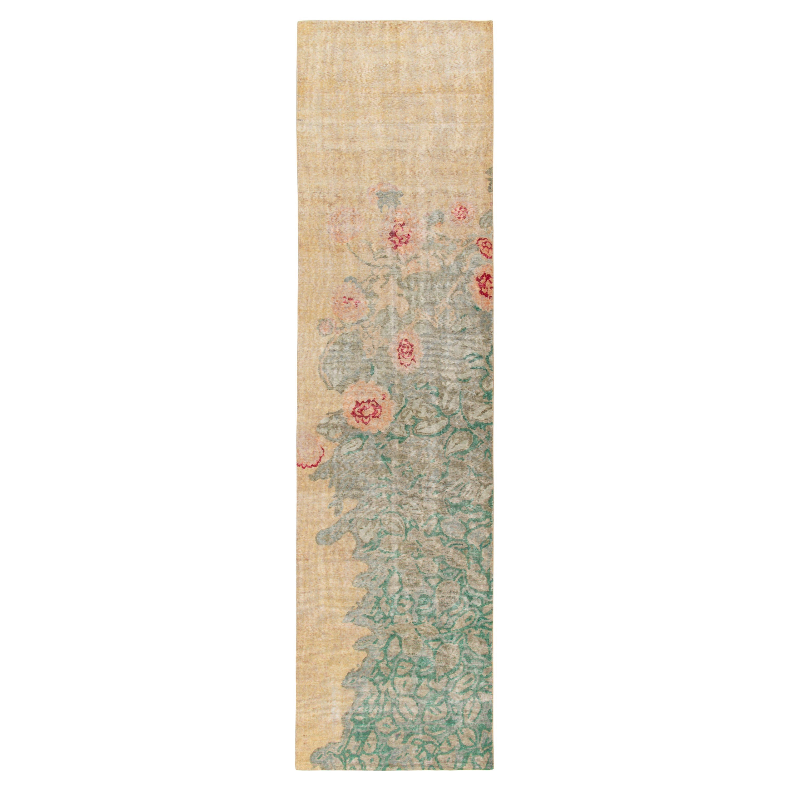 Rug & Kilim's Distressed Style Runner in Beige, Peach and Green Floral Pattern