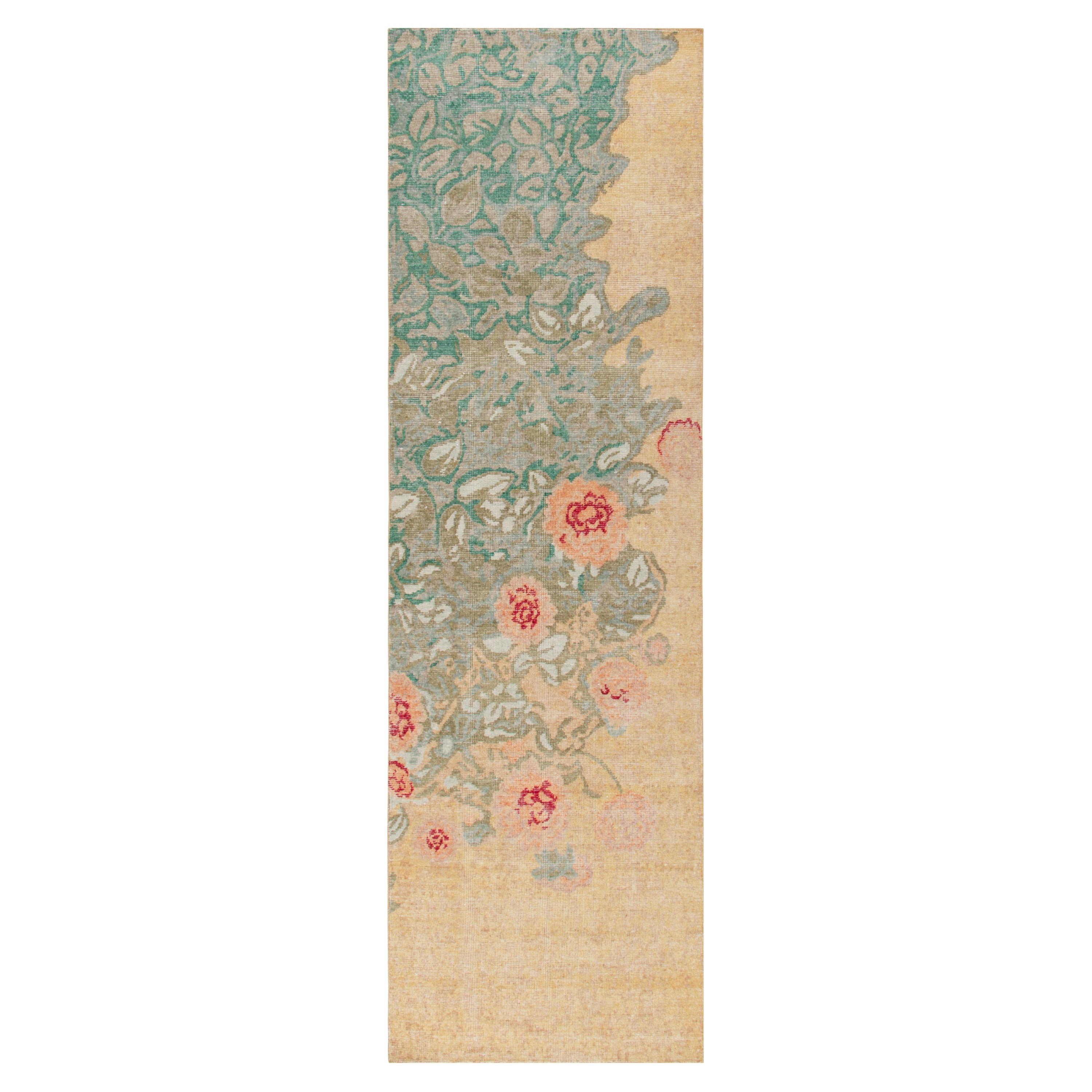 Rug & Kilim's Distressed Style Runner in Beige, Peach and Green Floral Pattern For Sale